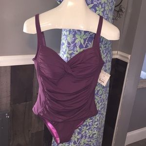 NWT Purple One-Piece Swimsuit Ruching SIZE 12 Liz Claiborne